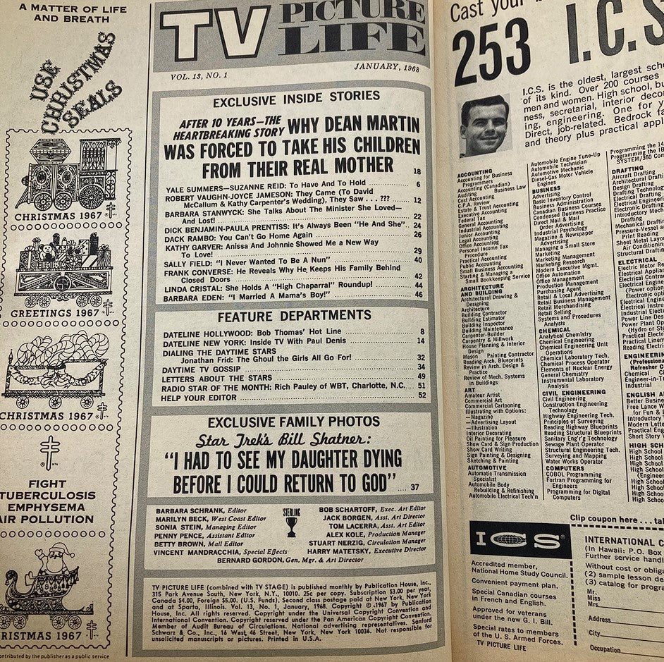 Inside page of VTG TV Picture Life Magazine January 1968, displaying articles and exclusive stories, highlighting Dean Martin and featuring Bill Shatner's personal quote.