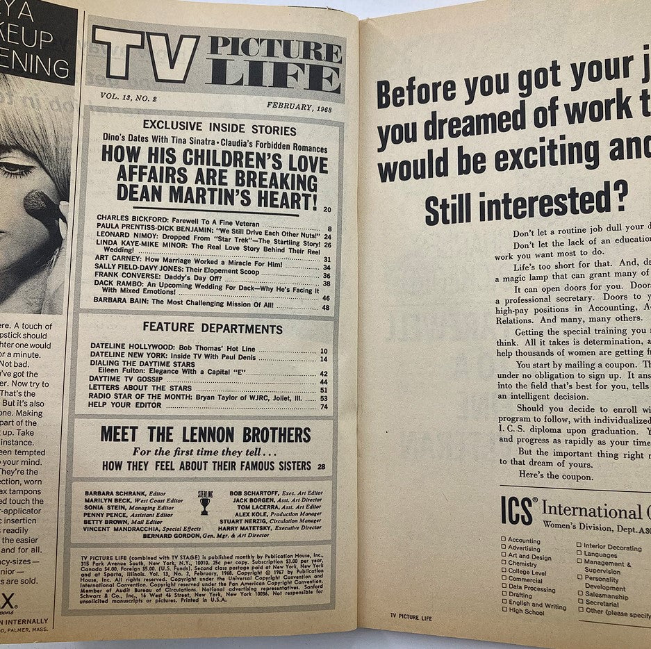 Inside spread of VTG TV Picture Life Magazine February 1968 Vol 13 #2 featuring exclusive stories and feature departments, including highlighted content about the Lennon Brothers.