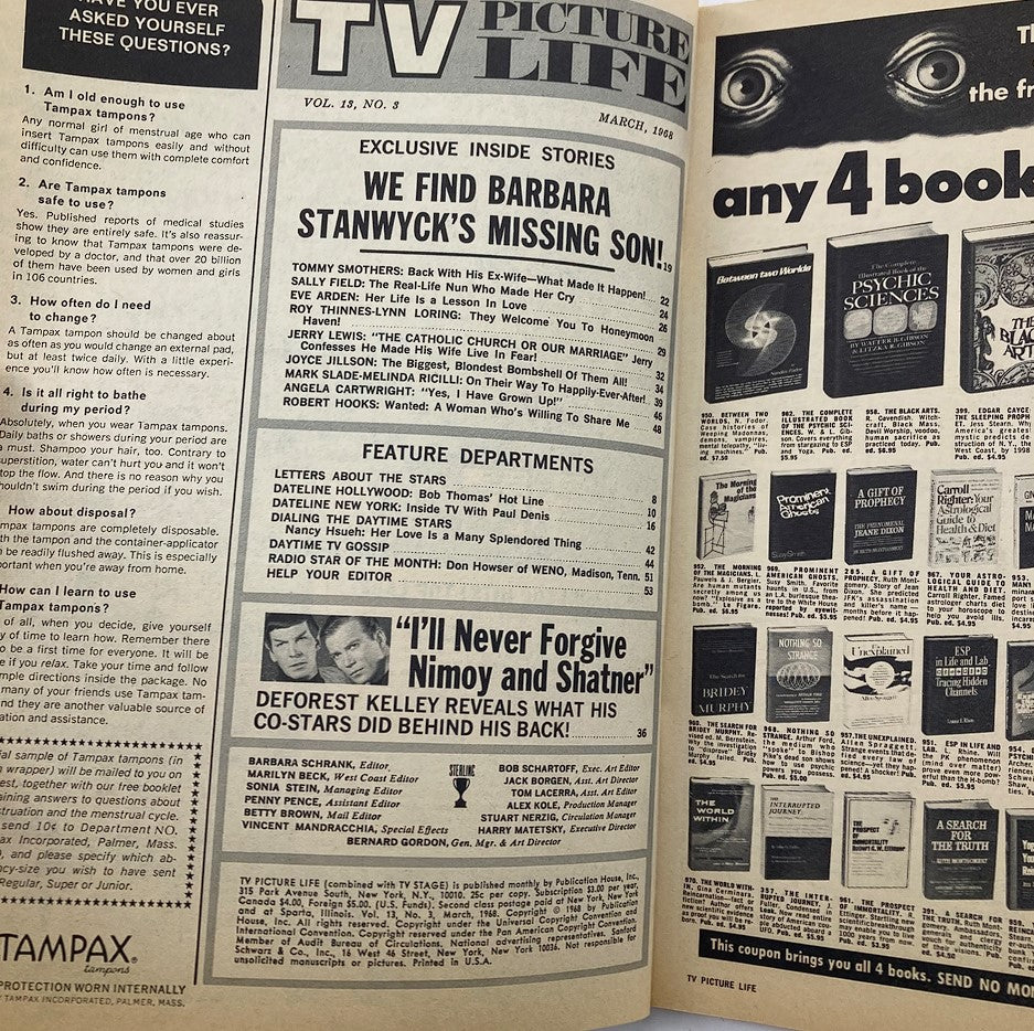 Inside pages of VTG TV Picture Life Magazine March 1968, displaying exclusive stories and advertisements, including a feature on Barbara Stanwyck's missing son and a section titled 'I'll Never Forgive Nimoy and Shatner'.