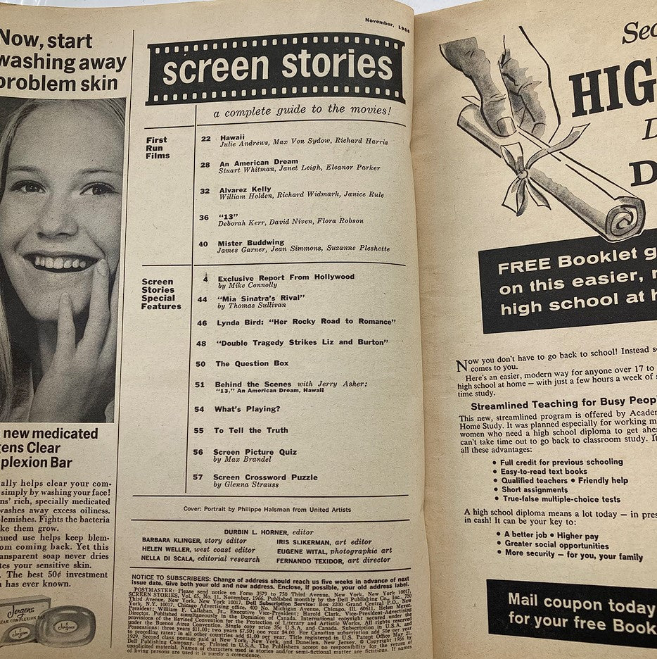 Interior page of VTG Screen Stories Magazine November 1966 showcasing a table of contents and features including articles related to Julie Andrews and Mia Sinatra.