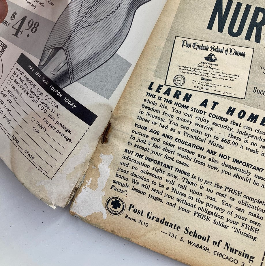 Interior page of VTG Secrets Magazine January 1960 Vol 47 #2 displaying an advertisement for nursing education along with vintage graphics and historical context.