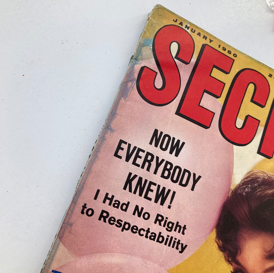 Close-up view of the cover of Secrets Magazine January 1960, Volume 47 Number 2, highlighting the main title 'SECRETS' and the tagline 'Now Everybody Knew!' with bright colors and a nostalgic design.