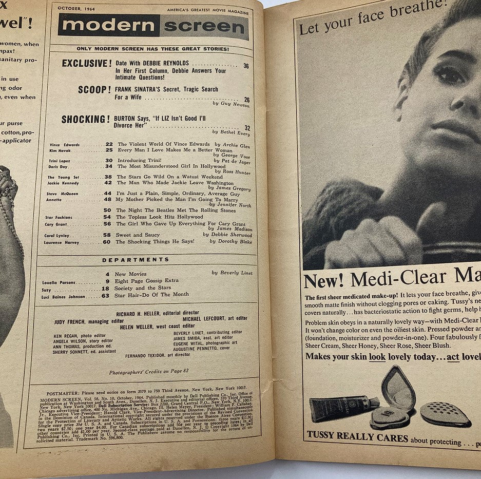 Inside page of VTG Modern Screen Magazine October 1964 showcasing contents including articles and advertisements, capturing the pop culture of the 1960s.