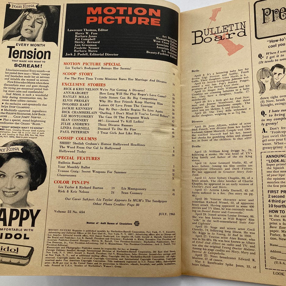 Inside pages of VTG Motion Picture Magazine July 1965, displaying the Table of Contents and featured articles including gossip columns.