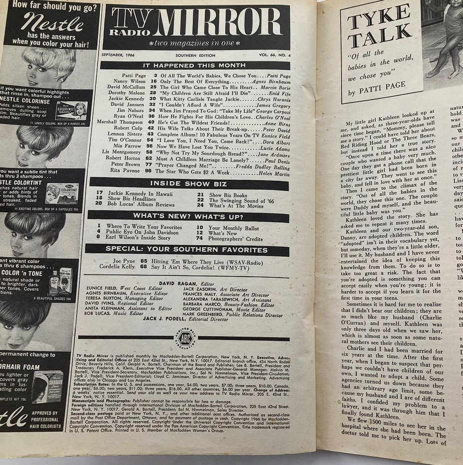 Inside pages of VTG TV Radio Mirror Magazine September 1966, detailing entertainment news and features from that era.