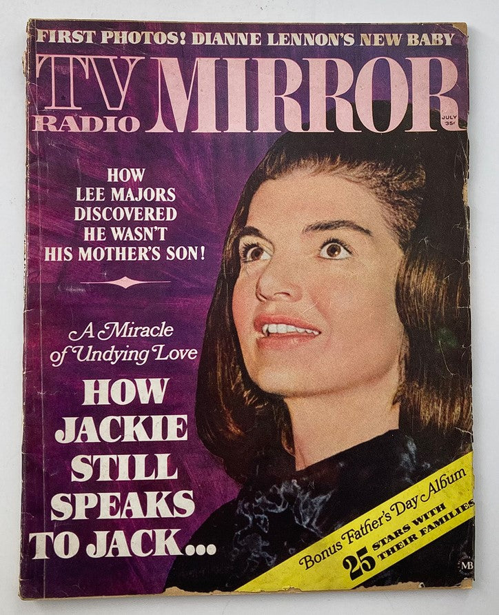 Cover of VTG TV Radio Mirror Magazine July 1966 featuring Jacqueline Kennedy and showcasing headlines related to the era's entertainment.