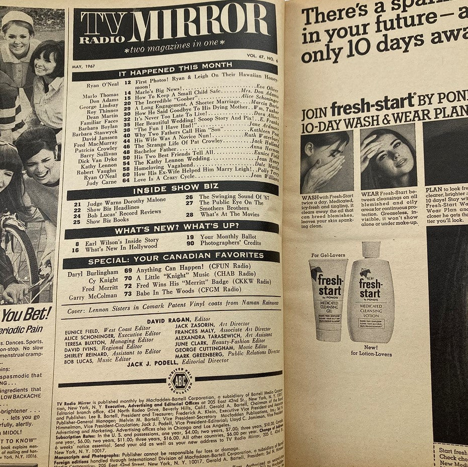 Page from VTG TV Radio Mirror Magazine May 1967 featuring contents including articles and features about the Lennon Sisters, vintage pop culture, and classic television history, Volume 67, Issue #6.