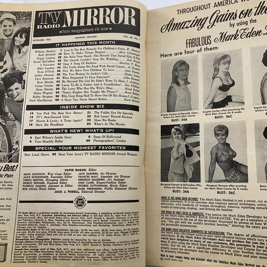 Inside page of the VTG TV Radio Mirror Magazine December 1967, displaying the table of contents and showbiz features from the classic era.