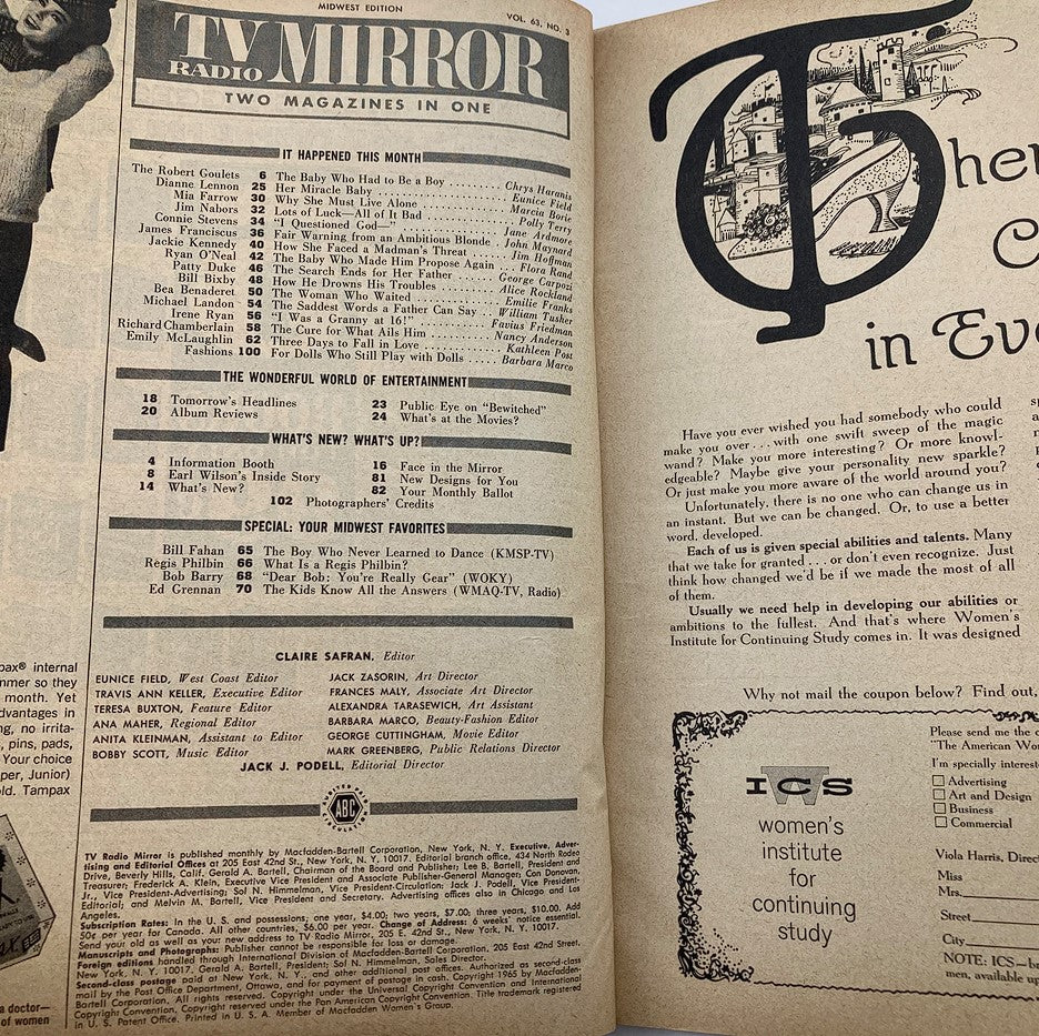 Interior pages of VTG TV Radio Mirror Magazine February 1965, showcasing articles and features from that era, including contents such as 'It Happened This Month' and 'The Wonderful World of Entertainment'.