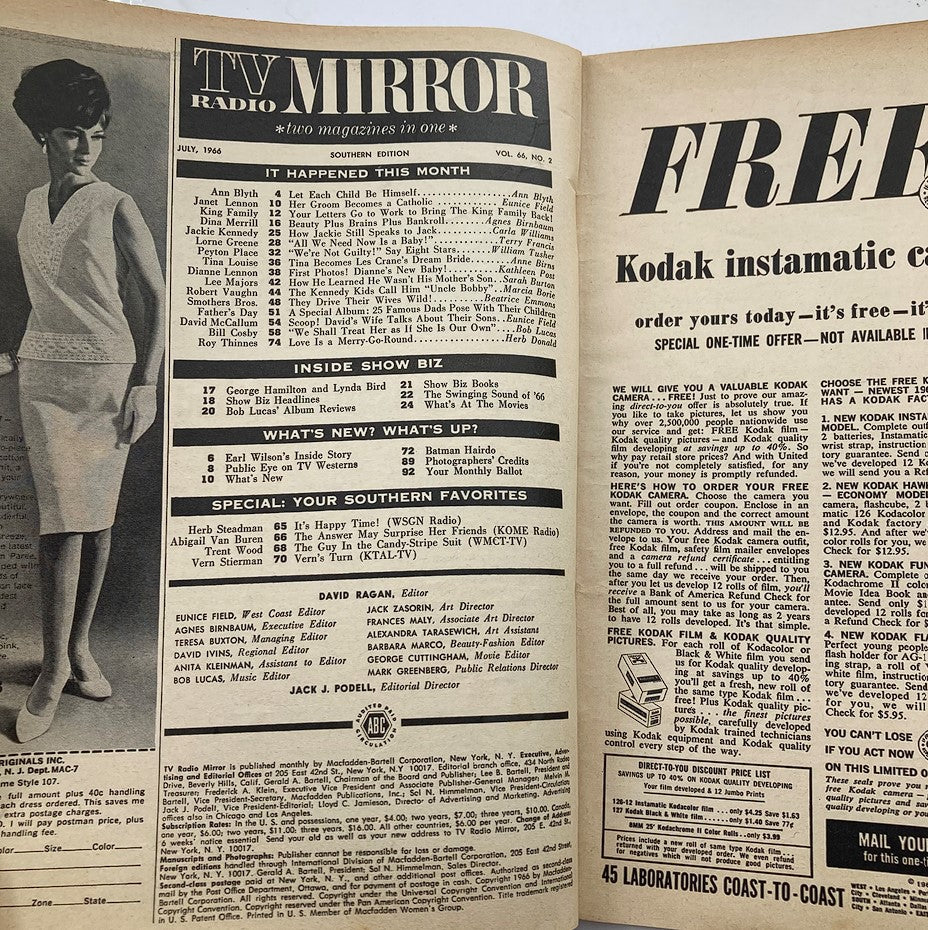 Inside spread of VTG TV Radio Mirror Magazine July 1966, displaying the table of contents and information on showbiz and entertainment.
