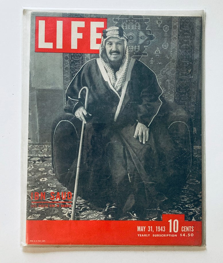 Front cover of VTG Life Magazine May 31 1943 featuring King Ibn Saud of Saudi Arabia, a significant historical figure, presenting a captivating image reflective of the time.