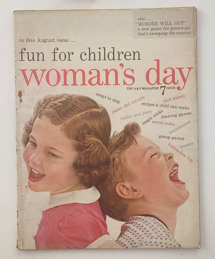 Vintage Woman's Day magazine cover from August 1954 depicting two children laughing, titled 'It's A Lovely Rainy Day', showcasing mid-century design and cultural themes.