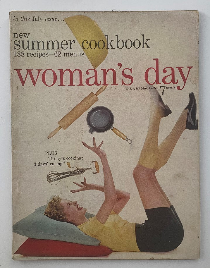 VTG Woman's Day Magazine July 1954 featuring an illustration of a woman joyfully cooking with kitchen utensils, showcasing vintage 1950s design and lifestyle.