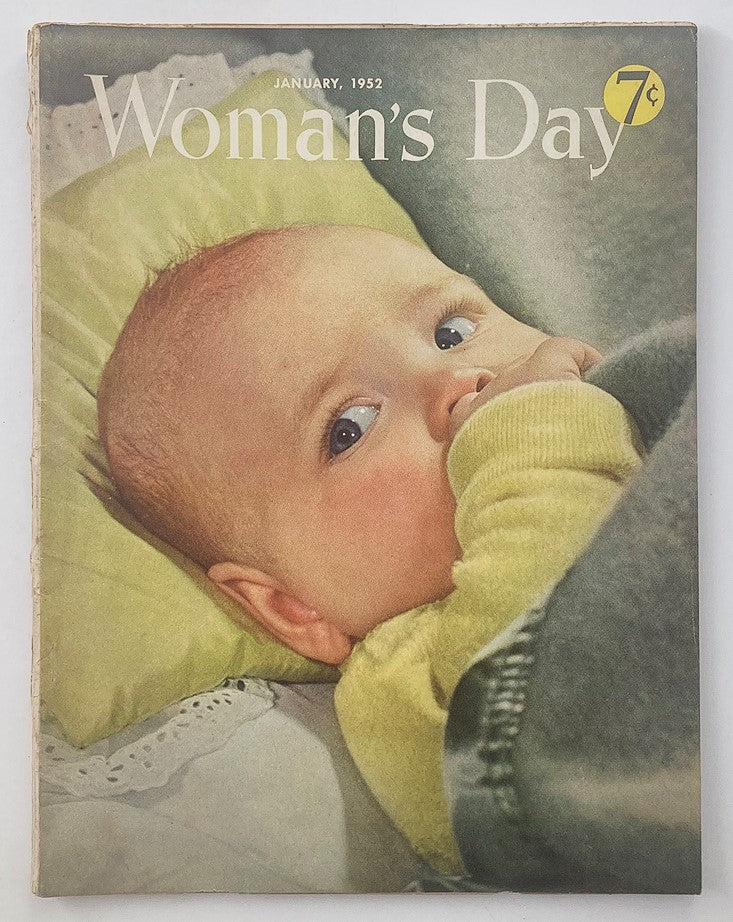 Cover of the Vintage Woman's Day Magazine from January 1952 featuring a baby and the title 'If You Hold Them Too Tightly'. This collectible magazine reflects mid-20th century culture.