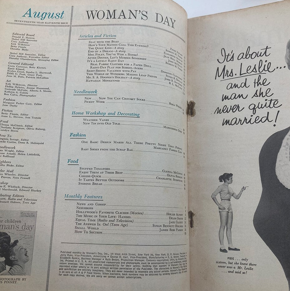 Contents page of the August 1954 edition of Woman's Day magazine, showcasing articles and features including food, fashion, and home decorating, titled 'It's A Lovely Rainy Day'.