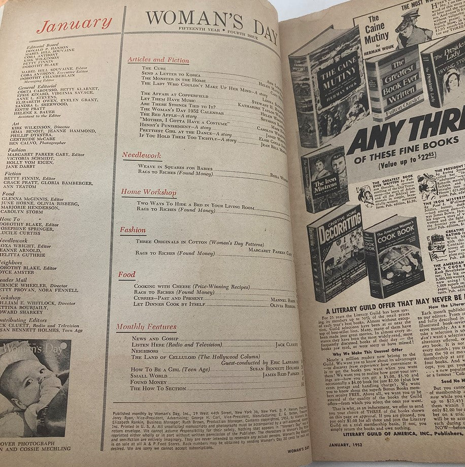 Inside page of the Vintage Woman's Day Magazine from January 1952 displaying the table of contents and various article titles, showcasing the content of this historical publication.