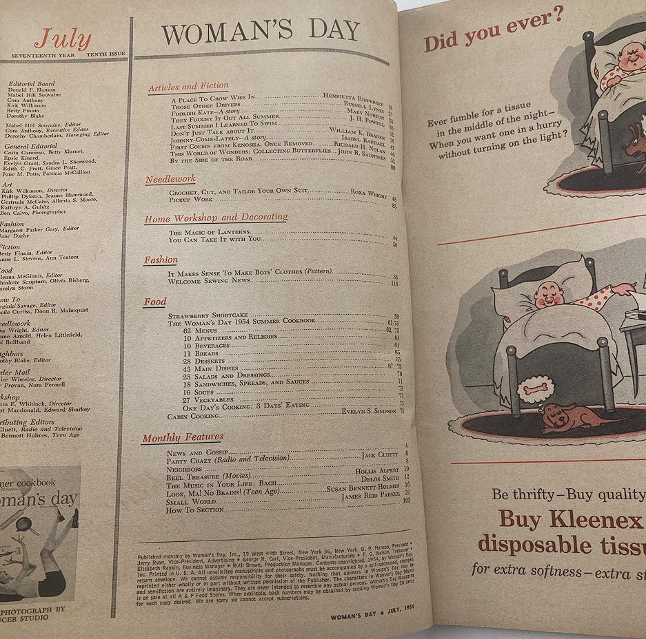 Interior view of VTG Woman's Day Magazine July 1954, featuring articles and content related to women's lifestyle and interests, including a table of contents highlighting articles on fashion, food, and home decorating.