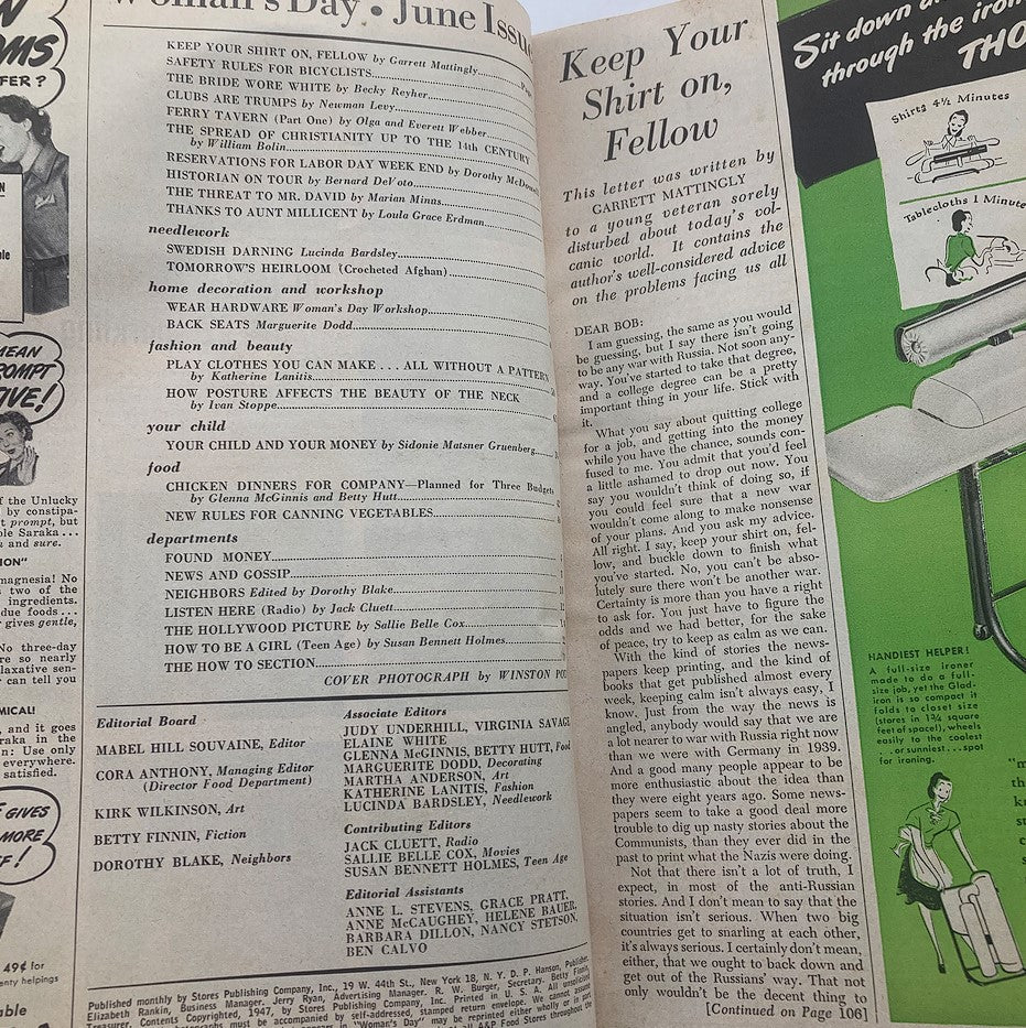 Inside page of VTG Woman's Day Magazine June 1947, displaying the table of contents with headings like 'Keep Your Shirt On, Fellow' and various articles relevant to women's interests in the 1940s.