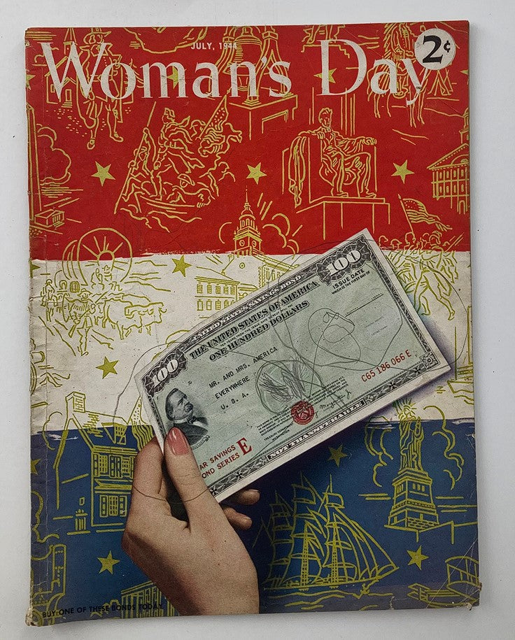 Vintage Woman's Day Magazine July 1944 featuring 'Mr. and Mrs. America' cover with a hand holding a one hundred dollar bill on a multicolored background.