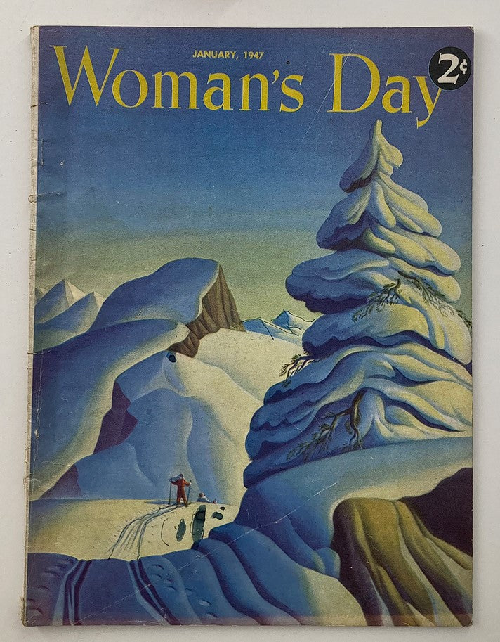 Cover of VTG Woman's Day Magazine January 1947 featuring snowy landscape and a lone figure, titled 'Where No One Ever Lived Before'.