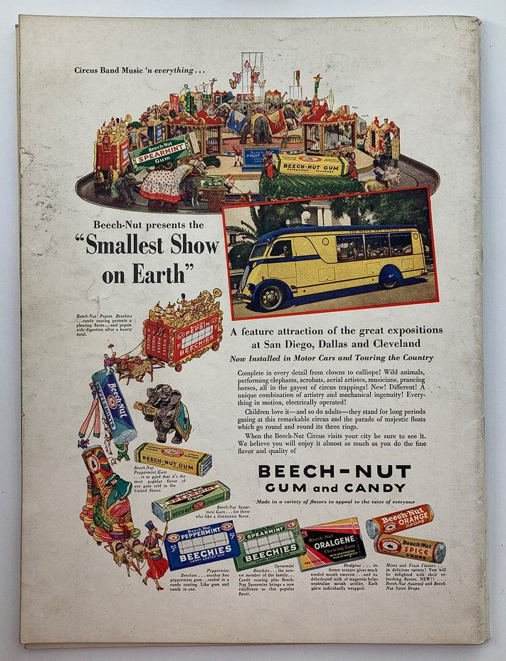 Back cover of VTG Woman's Day Magazine from September 1943, showcasing an advertisement for Beech-Nut products with colorful graphics and a bus, reflecting 1940s marketing style.