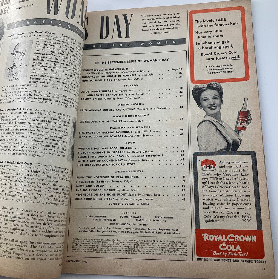 Interior page of VTG Woman's Day Magazine September 1943, featuring the table of contents and advertisements, reflecting women's roles during World War II.