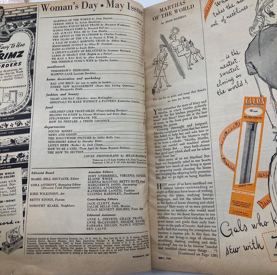 Inside page of the VTG Woman's Day Magazine May 1947 displaying the contents list and articles, including the feature 'Children Like Vegetables'.