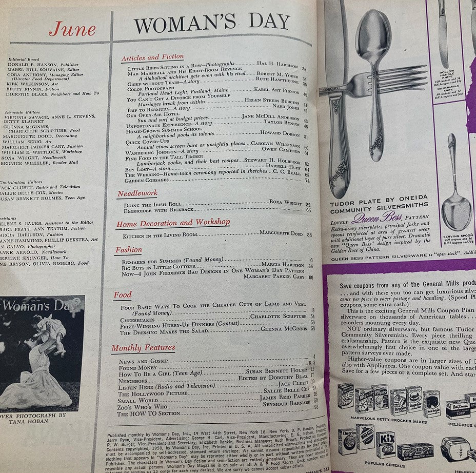 Inside page of VTG Woman's Day Magazine June 1950 displaying article titles and featured content. Capturing the essence of 1950s women's lifestyle and interests.