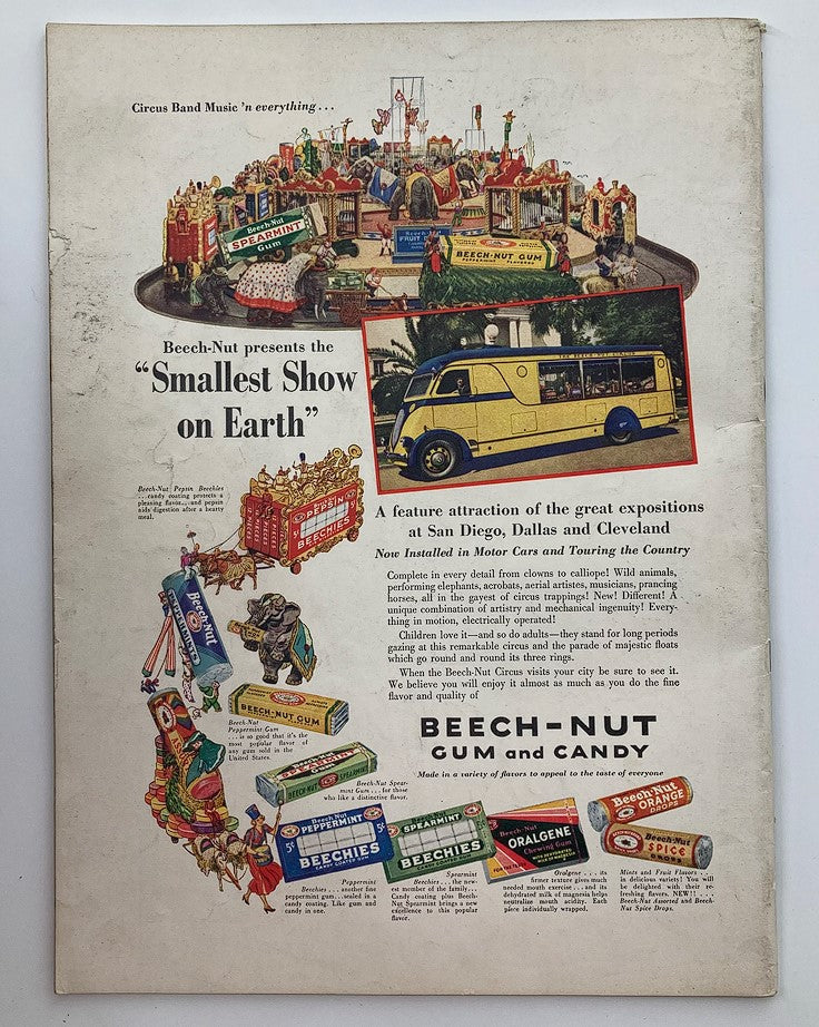Vintage Life Magazine December 14 1936 featuring an advertisement for Beech-Nut gum and candy, depicting a colorful miniature circus with various attractions and a vintage bus.