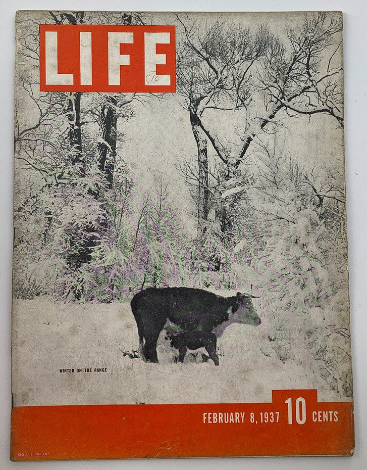Cover of VTG Life Magazine February 8, 1937 featuring a photograph titled 'Winter on the Range,' depicting a snowy landscape with a cow and calf.