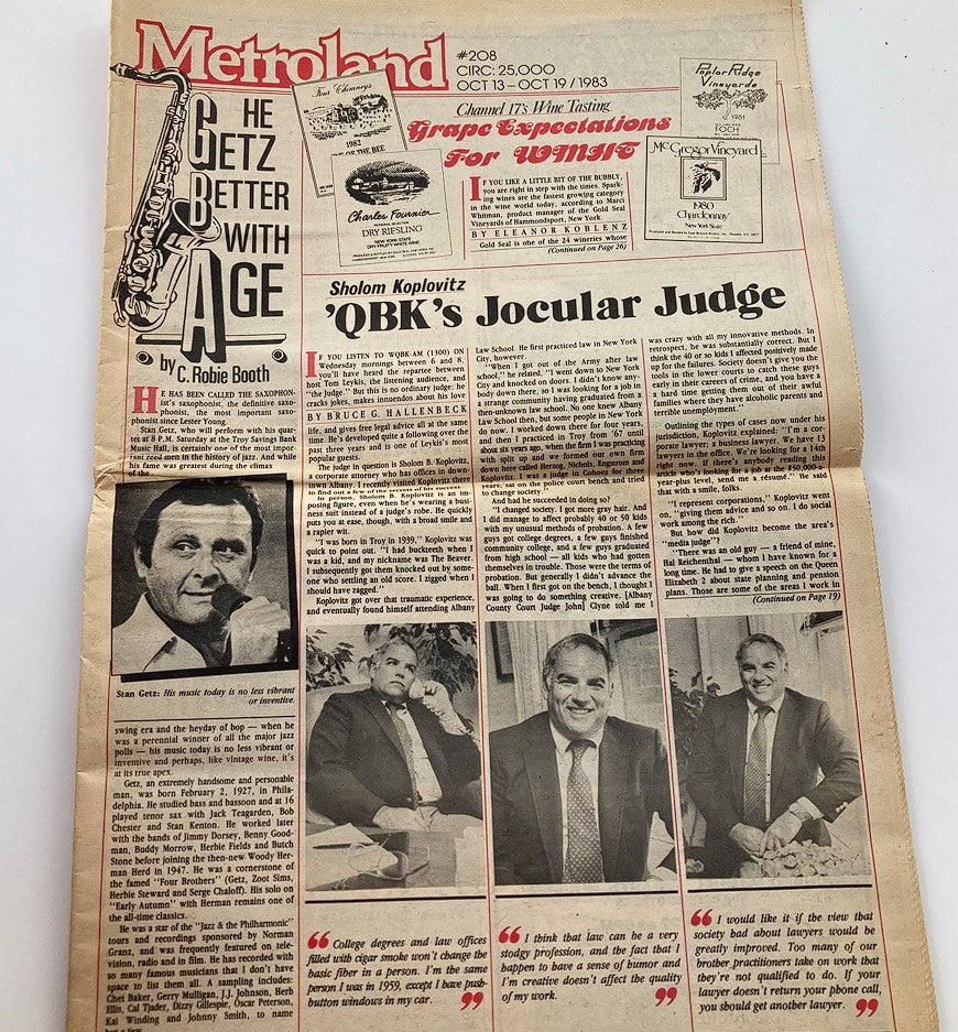 Front page of VTG Metroland Newspaper October 13 1983 #208 Stan Getz Troy Bank Music Hall, highlighting articles and entertainment listings.