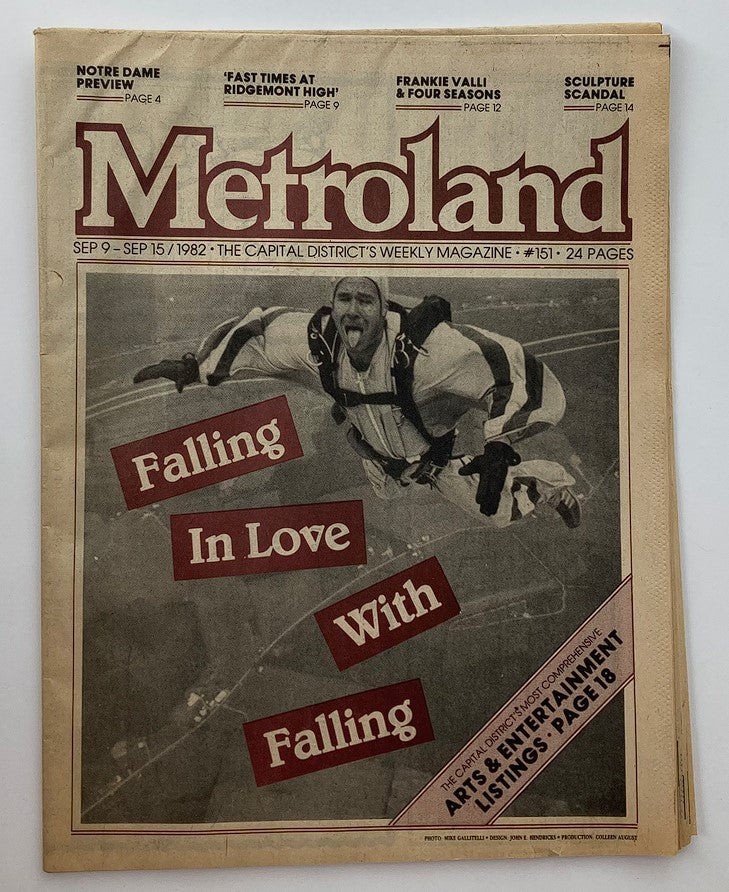 VTG Metroland Newspaper September 9 1982 #151 featuring the headline 'Falling In Love With Falling' and an image of a person parachuting. This issue highlights events and news from the Capital District.