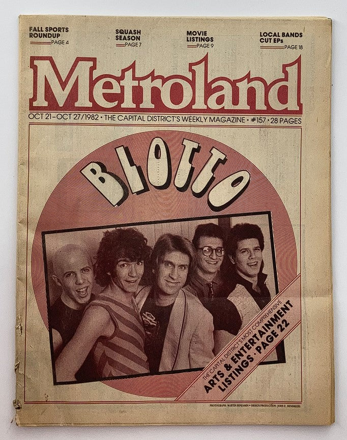 Cover of the VTG Metroland Newspaper from October 21, 1982 featuring American rock band Blotto, showcasing vibrant graphics and band members.