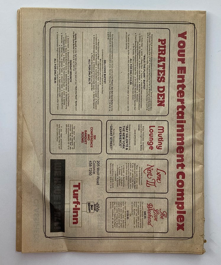 Back page of the VTG Metroland Newspaper dated October 21, 1982, displaying advertisements and entertainment listings.