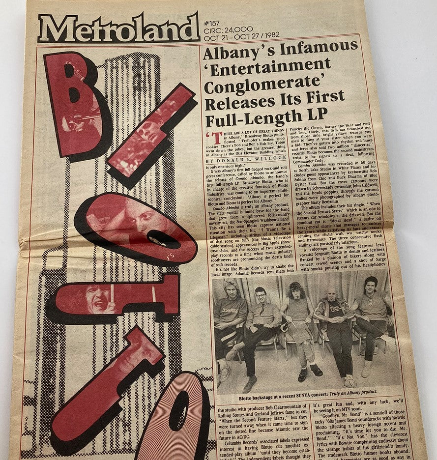 Vintage Metroland Newspaper from October 21, 1982 featuring American rock band Blotto on the front page. The layout displays bold headlines and images relevant to the band's first full-length LP release, capturing the essence of 1980s music culture.
