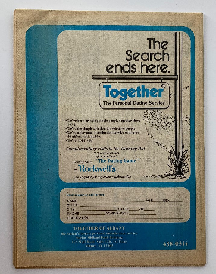 Back cover of VTG Metroland Newspaper from May 10, 1984, advertising Together, The Personal Dating Service, with registration details.