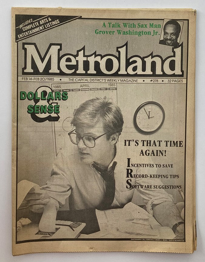 Cover of the VTG Metroland Newspaper dated February 14, 1985, featuring Grover Washington Jr. and an article titled 'It's That Time Again!' with a focus on dollar sense incentives and software suggestions.