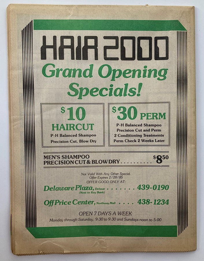 Image of the vintage newspaper advertisement for Hair 2000 featuring grand opening specials, including $10 haircut and $30 perm, promoting services at Delaware Plaza and Off Price Center.