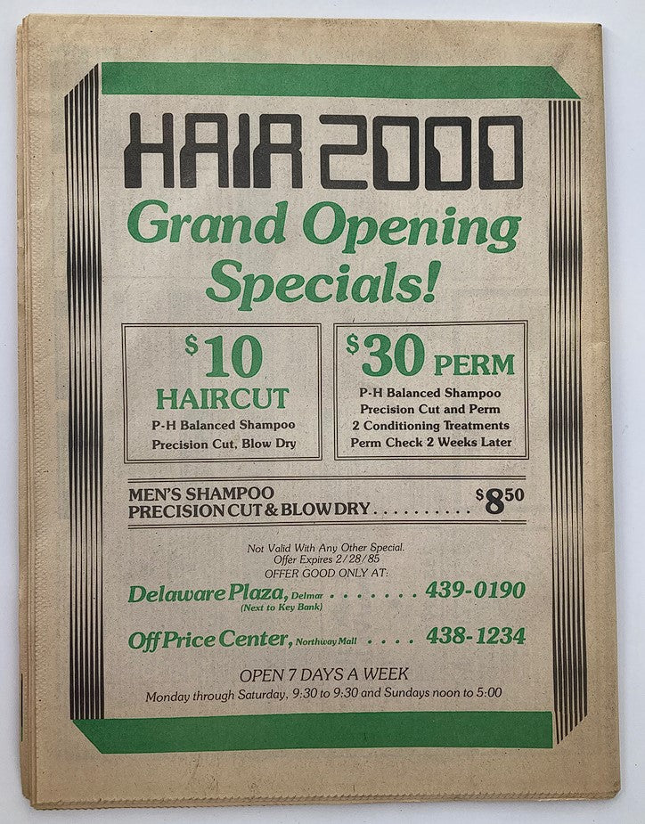 Vintage advertisement for Hair 2000 featuring grand opening specials on haircuts and perms, from the VTG Metroland Newspaper February 14 1985 #278.