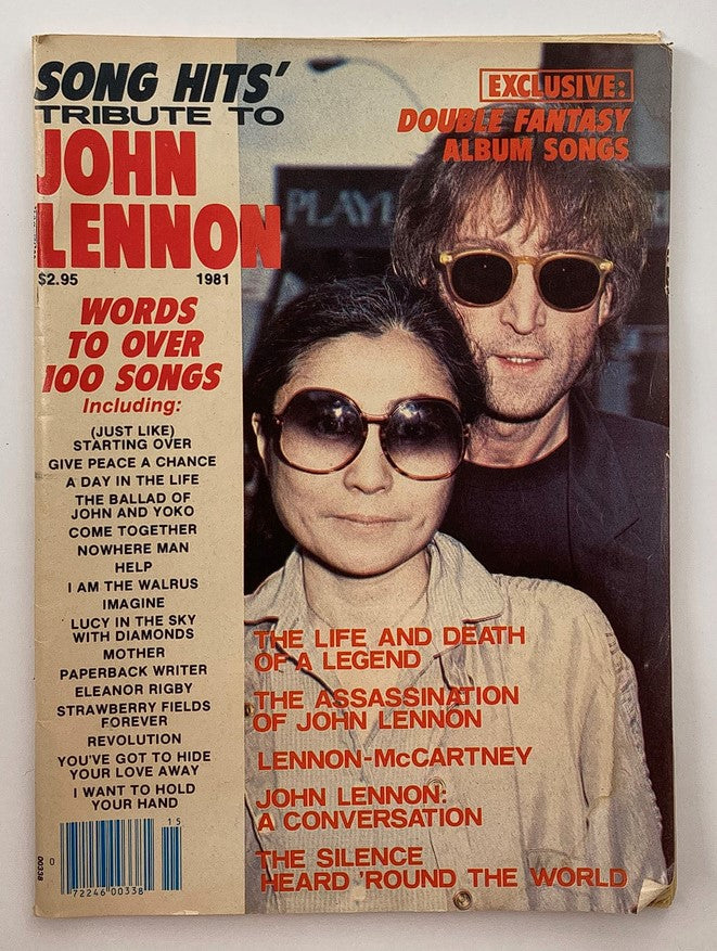 Cover of '1981 Song Hits' Tribute to John Lennon featuring Yoko Ono, showcasing their iconic appearance with a list of song titles.