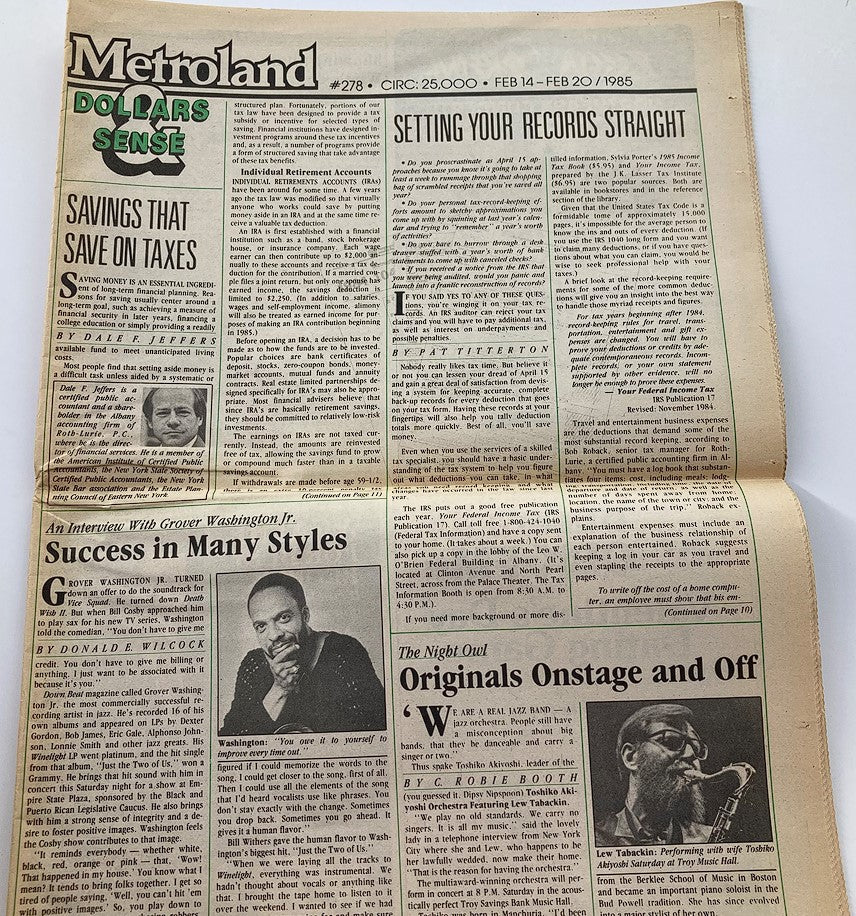 Interior pages of the VTG Metroland Newspaper February 14 1985 #278, highlighting an interview with Grover Washington Jr. and articles related to finance and music.