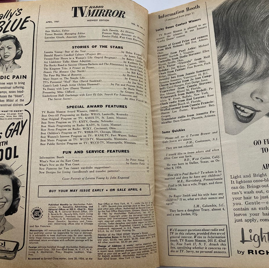 Interior page of the April 1961 Radio TV Mirror Magazine, listing stories and features including Loretta Young as Star of the Year.