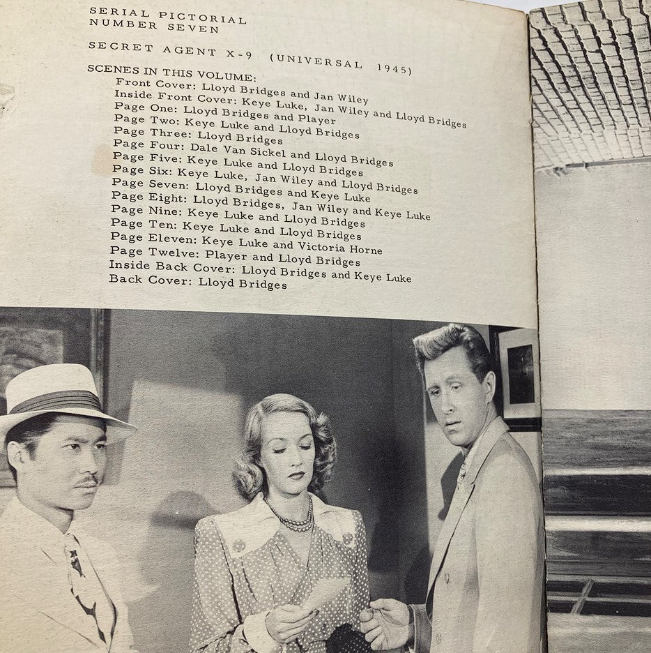 Inside page of VTG Serial Pictorial 1945 #7 showcasing scenes from 'Secret Agent X-9', including key characters like Lloyd Bridges, Jan Wiley, and Keye Luke, reflecting the magazine's narrative.
