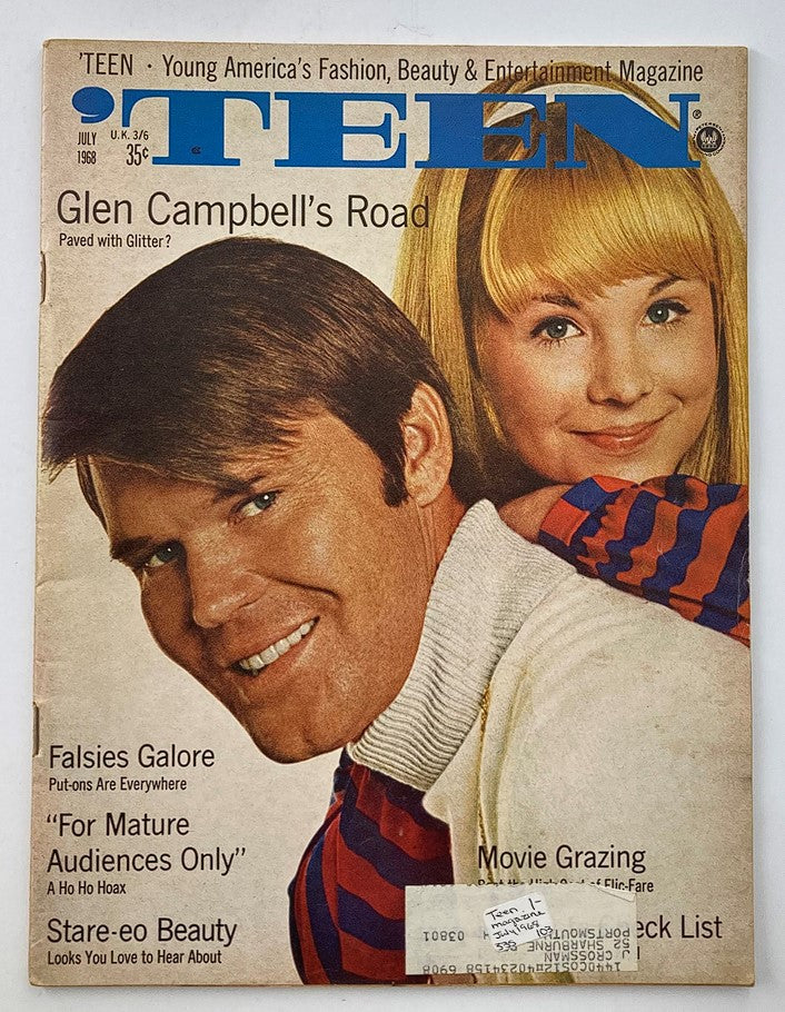 VTG 'Teen Magazine July 1968 cover featuring Glen Campbell and Robin Milan with vibrant 60s design and original price.
