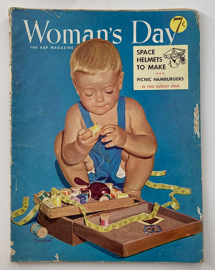 Cover of VTG Woman's Day Magazine August 1953 titled The Eye of The Beholder, featuring a young child playing with a box of craft supplies and measuring tape.