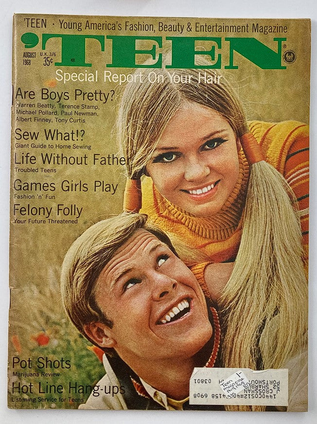 Cover of VTG 'Teen Magazine August 1968 Vol 12 #8 featuring a young couple, Steve Barna and Kathy Fuller, highlighted with colorful text and unique articles of the era.