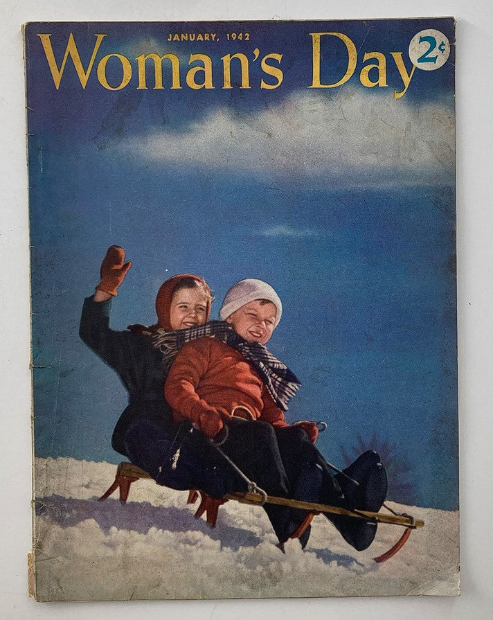 Cover of January 1942 Woman's Day Magazine featuring two children sledding, showcasing the whimsical theme 'People Are Funny That Way.'