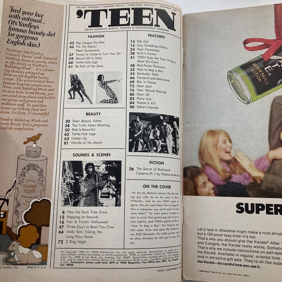 Interior page of VTG 'Teen Magazine December 1969 Vol 13 #12 displaying the table of contents with various fashion, beauty, and entertainment articles.