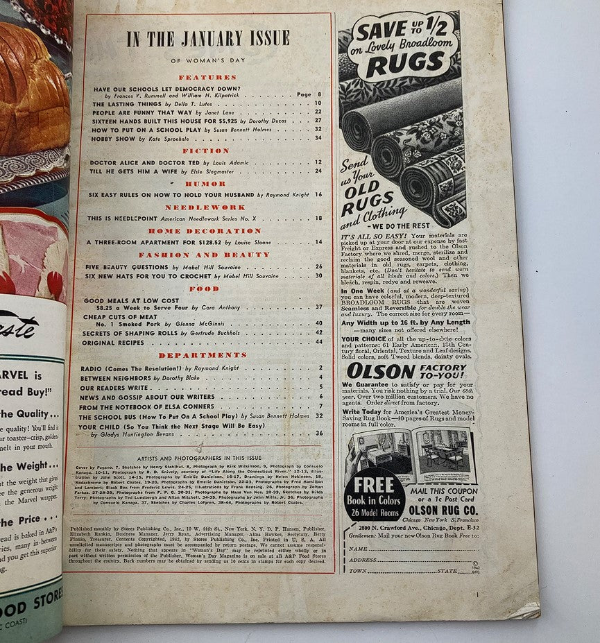 Interior page of January 1942 Woman's Day Magazine displaying the table of contents and features such as 'Have Our Schools Lost Democracy?' and various tips for home and food.