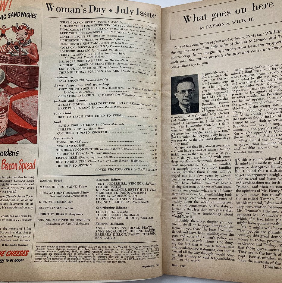 Inside pages of VTG Woman's Day Magazine July 1947, displaying the table of contents and articles from the vintage publication.
